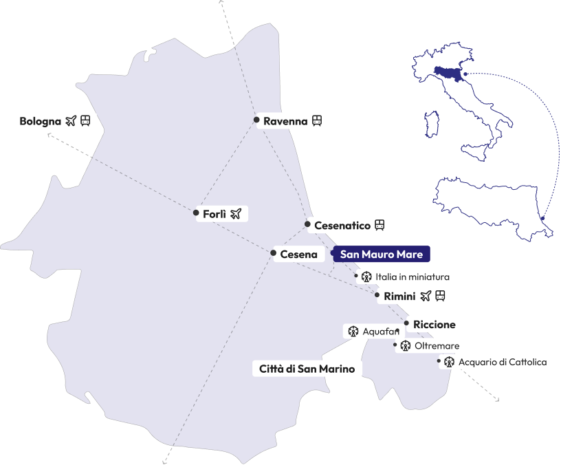Carte géographique de San Mauro Mare et ses alentours, montrant la position sur la côte adriatique